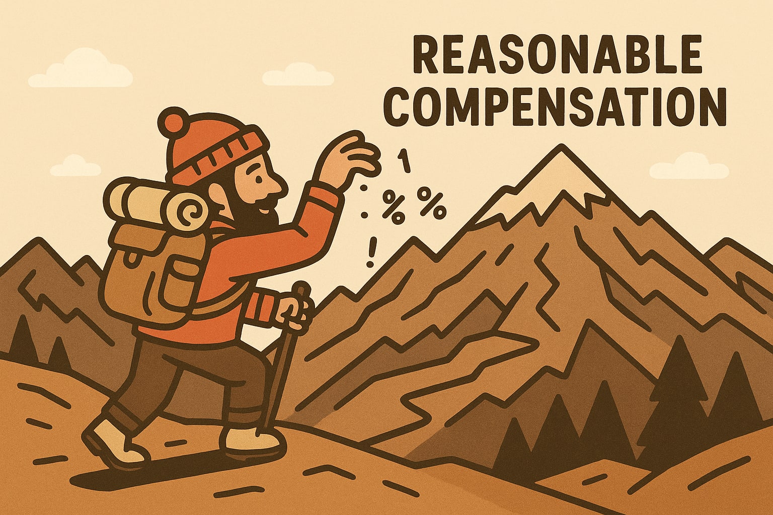 Illustration of a bearded hiker with a backpack sprinkling percentage symbols into the air in front of a mountain range, captioned Reasonable Compensation.