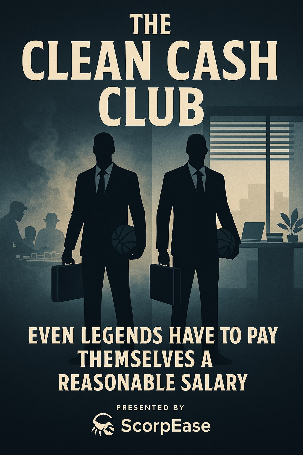 A mock film poster titled The Clean Cash Club, showing two suited silhouettes holding briefcases and basketballs in front of a smoky back room, with the tagline: even legends have to pay themselves a reasonable salary.
