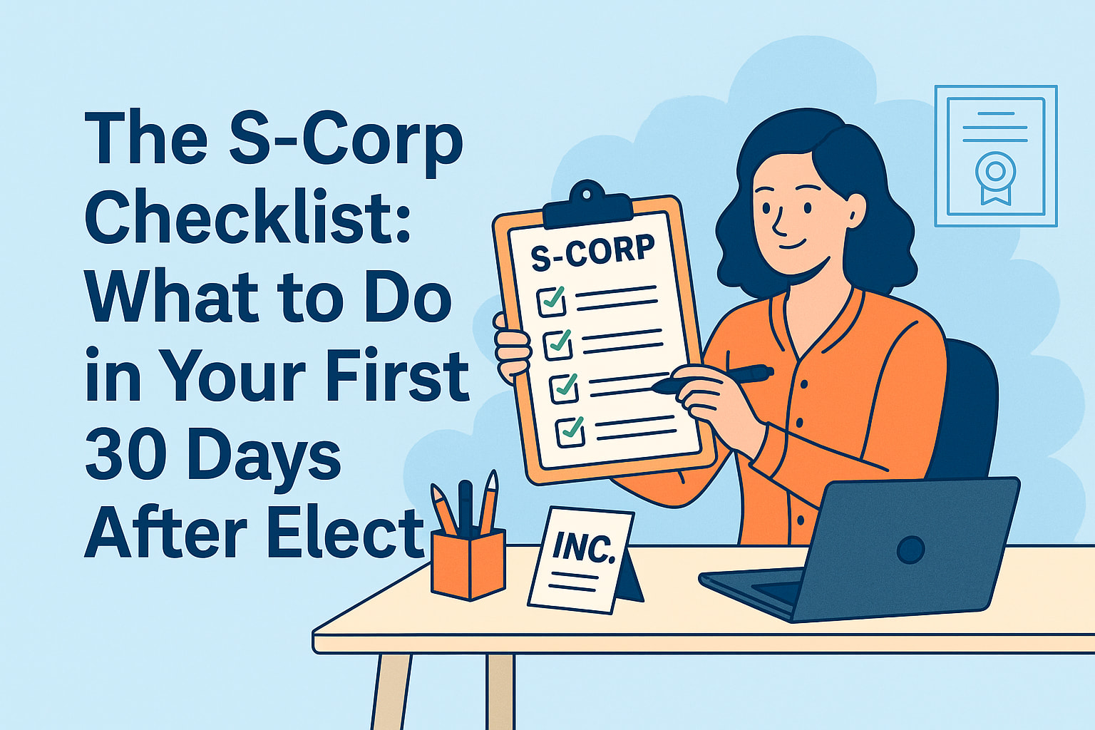 woman sitting at a desk with an S-Corp checklist