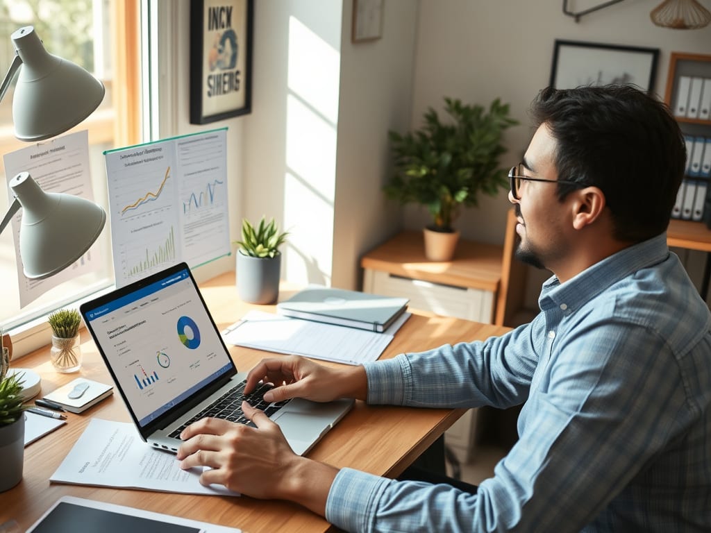 A business owner at a sunlit desk reviewing charts on a laptop, surrounded by printed reports and financial graphs.