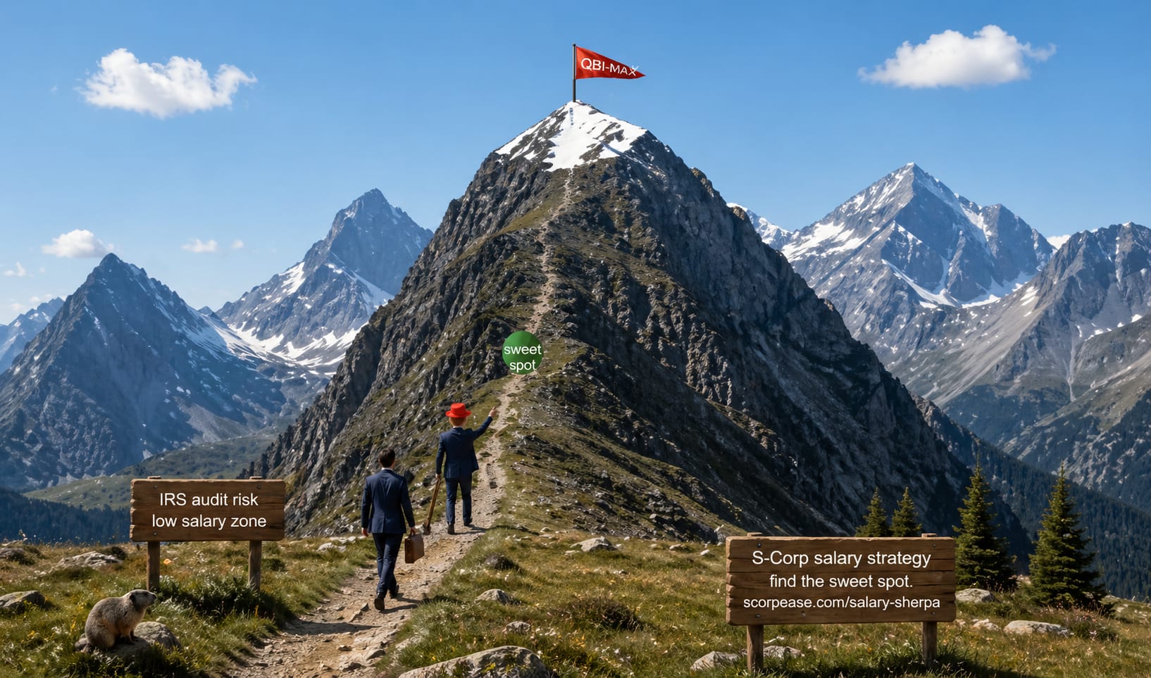Two people in suits climbing a mountain ridge toward a flag marked QBI-MAX, passing a trail sign reading IRS audit risk, low salary zone, and a marker labelled sweet spot partway up.
