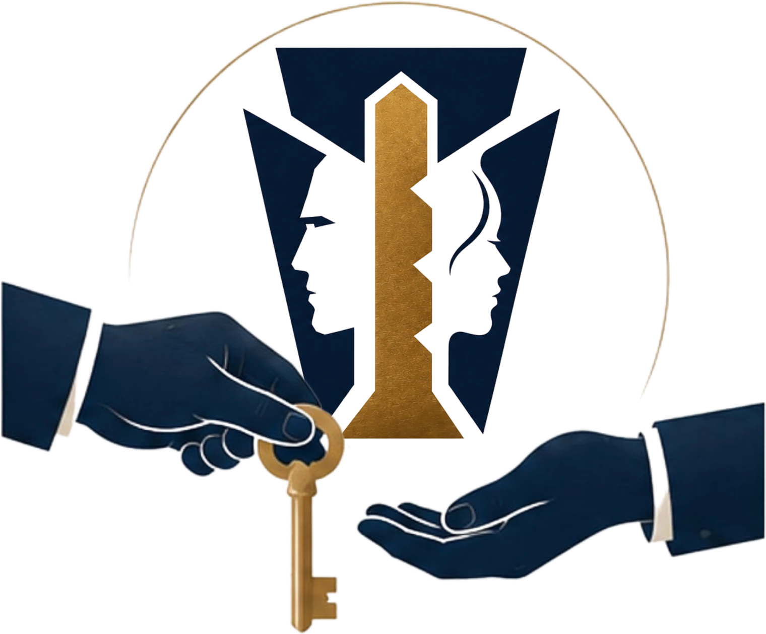 One hand passing a key to another, in front of the Keystead Vault emblem