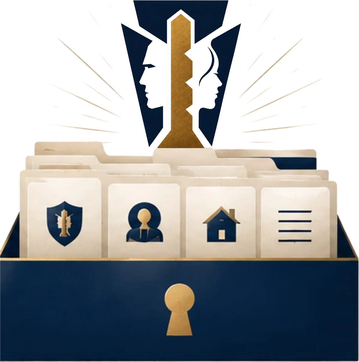 A navy filing box of labelled records with a key above it